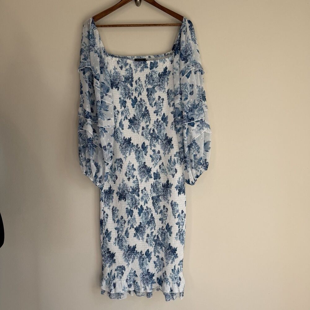 SAO by Dee Blue Floral Smocked Midi Dress Puff Sleeve Cottagecore Boho